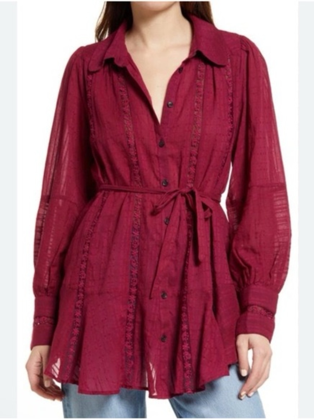 Free People Mikaela Tunic Magenta Belted Button Up Blouse Size Small